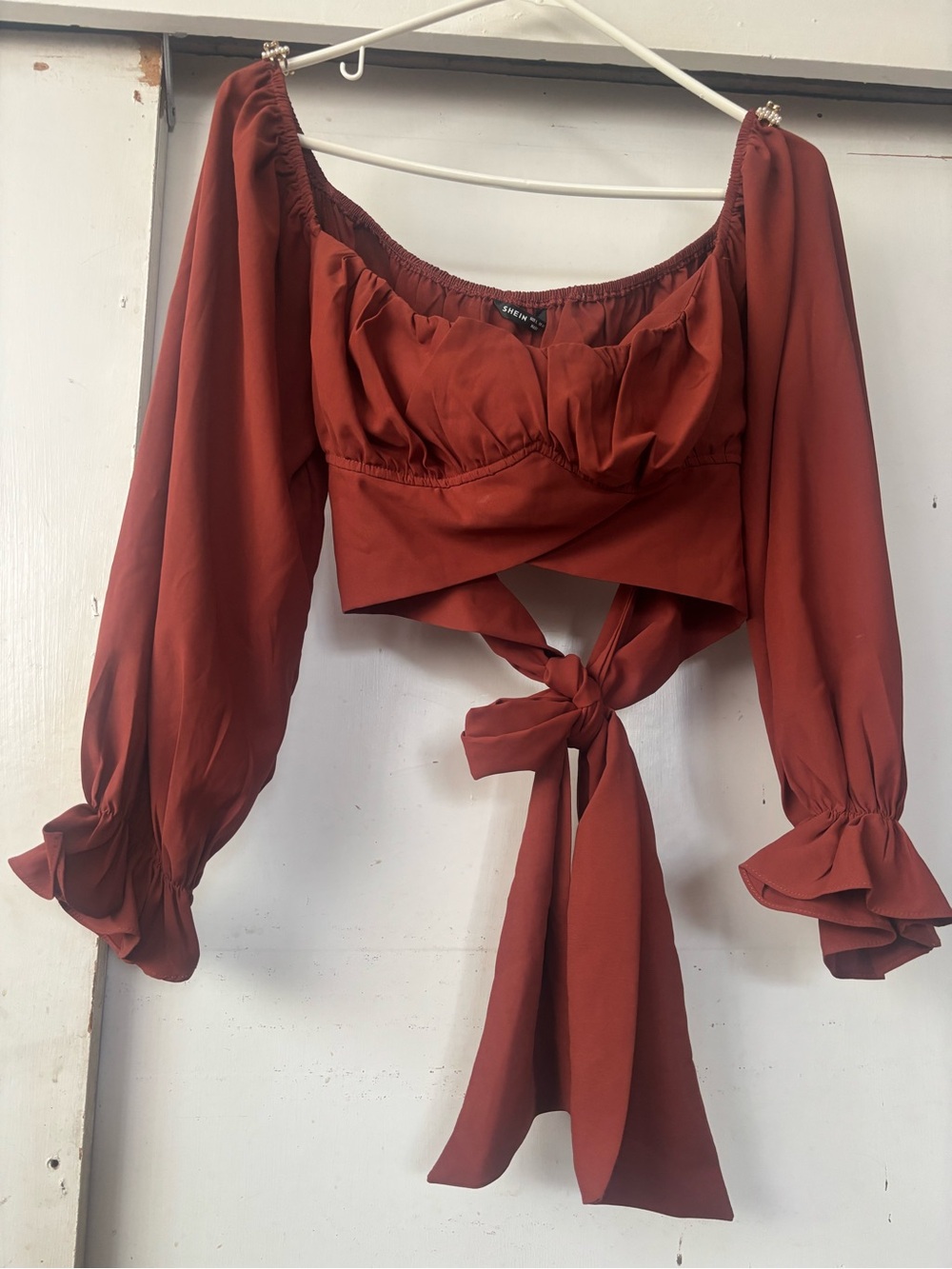 SHEIN Rust Tie-Front Puff Sleeve Crop Top
